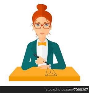 A woman making a model with a 3D pen vector flat design illustration isolated on white background. . Woman using three D pen.