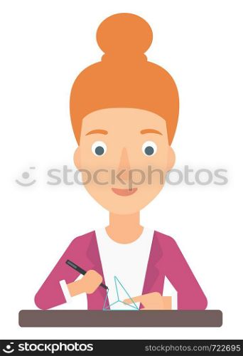 A woman making a model with a 3D pen vector flat design illustration isolated on white background. . Woman using three D pen.