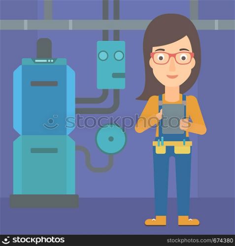 A woman making some notes in her tablet on a background of domestic household boiler room with heating system and pipes vector flat design illustration. Square layout.. Confident builder with tablet.