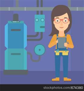 A woman making some notes in her tablet on a background of domestic household boiler room with heating system and pipes vector flat design illustration. Square layout.. Confident builder with tablet.