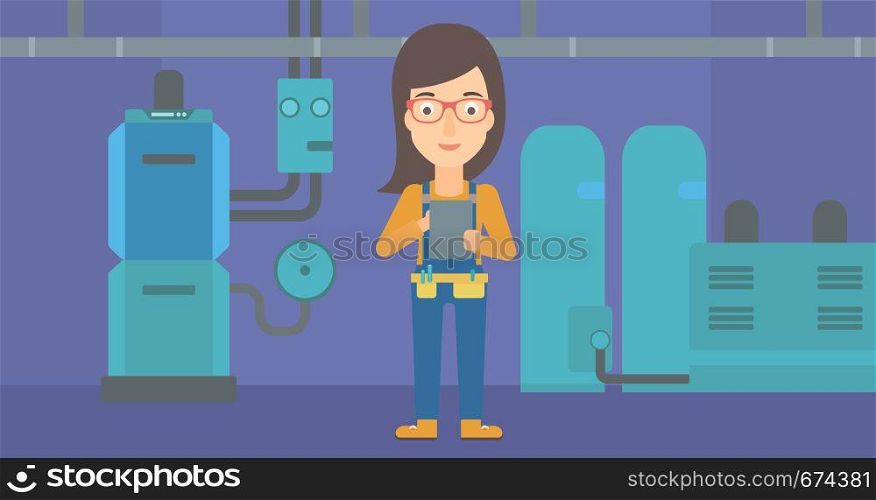 A woman making some notes in her tablet on a background of domestic household boiler room with heating system and pipes vector flat design illustration. Horizontal layout.. Confident builder with tablet.