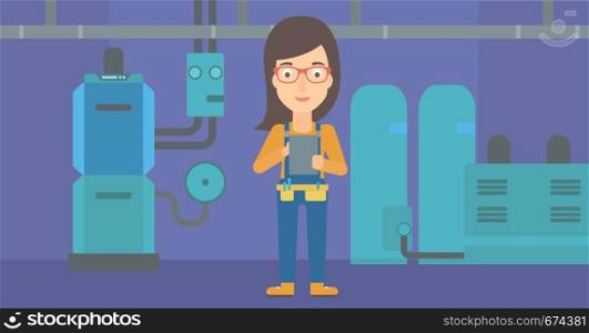 A woman making some notes in her tablet on a background of domestic household boiler room with heating system and pipes vector flat design illustration. Horizontal layout.. Confident builder with tablet.