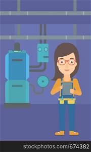 A woman making some notes in her tablet on a background of domestic household boiler room with heating system and pipes vector flat design illustration. Vertical layout.. Confident builder with tablet.