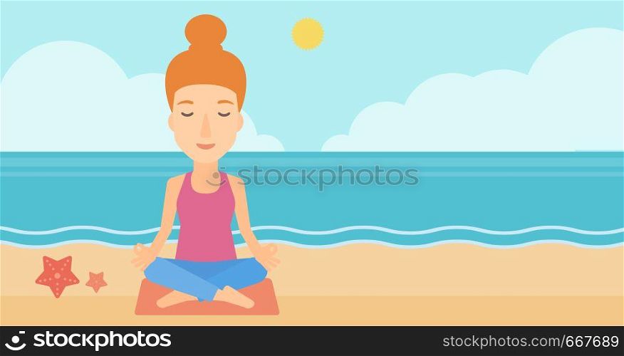 A woman meditating in lotus pose on the beach vector flat design illustration. Horizontal layout.. Woman meditating in lotus pose.