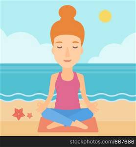 A woman meditating in lotus pose on the beach vector flat design illustration. Square layout.. Woman meditating in lotus pose.
