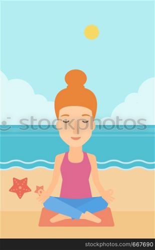 A woman meditating in lotus pose on the beach vector flat design illustration. Vertical layout.. Woman meditating in lotus pose.