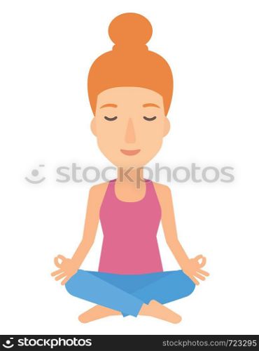 A woman meditating in lotus pose vector flat design illustration isolated on white background. . Woman meditating in lotus pose.