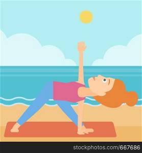 A woman meditating in yoga triangle pose on the beach vector flat design illustration. Square layout.. Woman practicing yoga.