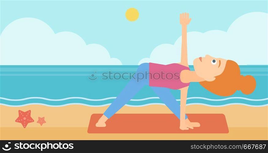A woman meditating in yoga triangle pose on the beach vector flat design illustration. Horizontal layout.. Woman practicing yoga.
