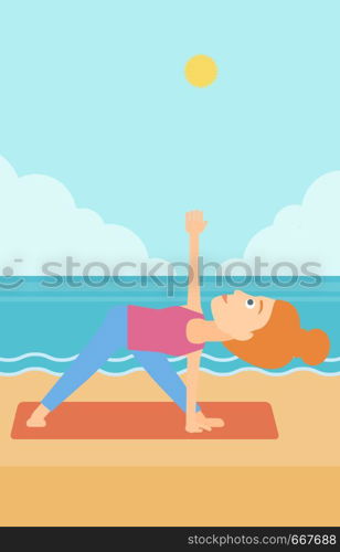 A woman meditating in yoga triangle pose on the beach vector flat design illustration. Vertical layout.. Woman practicing yoga.