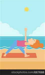 A woman meditating in yoga triangle pose on the beach vector flat design illustration. Vertical layout.. Woman practicing yoga.