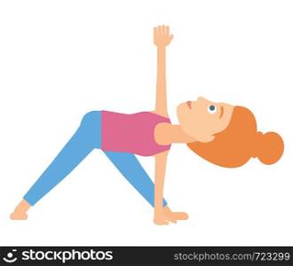 A woman meditating in yoga triangle pose vector flat design illustration isolated on white background. . Woman practicing yoga.