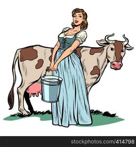 a woman milker cow bucket milk. agriculture village life. Pop art retro vector illustration vintage kitsch 50s 60s. a woman milker cow bucket milk. agriculture village life