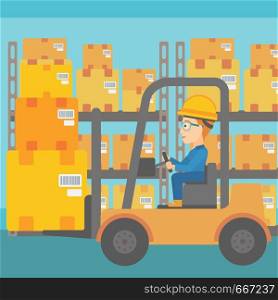 A woman moving load by forklift truck on the background of warehouse vector flat design illustration. Square layout.. Warehouse worker moving load by forklift truck.