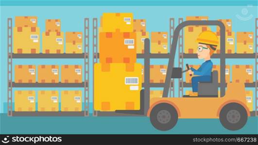 A woman moving load by forklift truck on the background of warehouse vector flat design illustration. Horizontal layout.. Warehouse worker moving load by forklift truck.