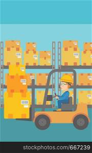 A woman moving load by forklift truck on the background of warehouse vector flat design illustration. Vertical layout.. Warehouse worker moving load by forklift truck.