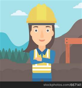 A woman on the background of entrance to the mining tunnel vector flat design illustration. Square layout.. Miner with mining equipment on background.