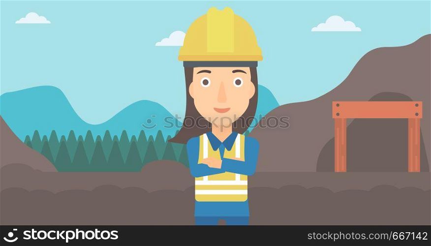 A woman on the background of entrance to the mining tunnel vector flat design illustration. Horizontal layout.. Miner with mining equipment on background.