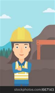 A woman on the background of entrance to the mining tunnel vector flat design illustration. Vertical layout.. Miner with mining equipment on background.
