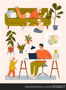 A woman on the couch, a man at the desk working at home at the computer, children play with the dog. Vector illustration. Stay home.. A woman on the couch, a man at the desk working at home at the computer, children play with the dog. Vector illustration. Stay at home.