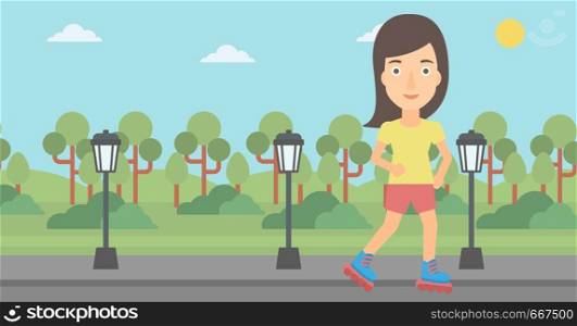 A woman on the roller-skates in the park vector flat design illustration. Horizontal layout.. Sporty woman on roller-skates.