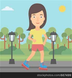 A woman on the roller-skates in the park vector flat design illustration. Square layout.. Sporty woman on roller-skates.