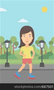 A woman on the roller-skates in the park vector flat design illustration. Vertical layout.. Sporty woman on roller-skates.