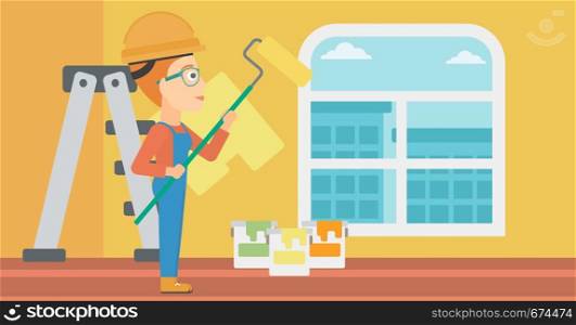 A woman painting walls with a paint roller vector flat design illustration. Horizontal layout.. Painter with paint roller.