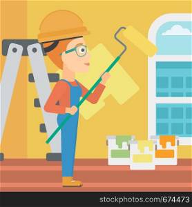 A woman painting walls with a paint roller vector flat design illustration. Square layout.. Painter with paint roller.