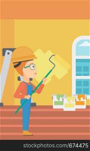 A woman painting walls with a paint roller vector flat design illustration. Vertical layout.. Painter with paint roller.