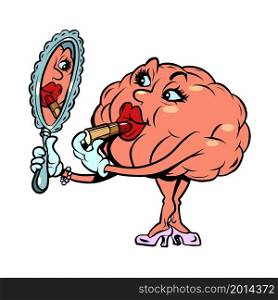 a woman paints her lips in front of a mirror, makeup human brain character, smart wise. Comic cartoon retro vintage illustration. a woman paints her lips in front of a mirror, makeup human brain character, smart wise
