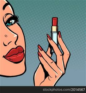 a woman paints her lips with red lipstick, makeup cosmetics. Comic cartoon hand drawing retro vintage. a woman paints her lips with red lipstick, makeup cosmetics