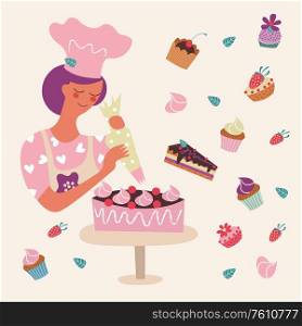 A woman pastry chef decorates cakes with cream. A set of delicious and beautiful cakes. Vector illustration.. A woman pastry chef decorates cakes with cream. Vector illustration.