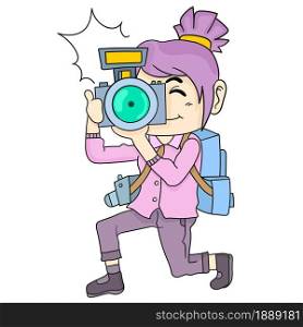 a woman photographer is taking a photo. cartoon illustration sticker emoticon