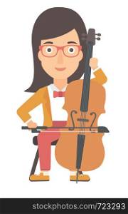 A woman playing cello vector flat design illustration isolated on white background.. Woman playing cello.