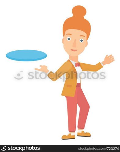 A woman playing frisbee vector flat design illustration isolated on white background. . Woman playing frisbee.