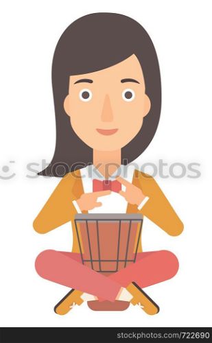A woman playing tomtom vector flat design illustration isolated on white background.. Woman playing tomtom.