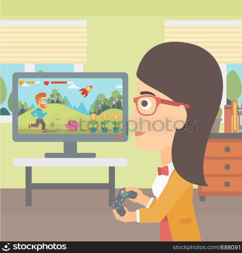 A woman playing video game with gamepad in hands in living room vector flat design illustration. Square layout.. Woman playing video game.