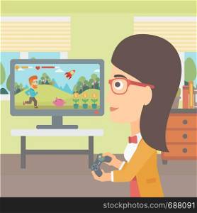 A woman playing video game with gamepad in hands in living room vector flat design illustration. Square layout.. Woman playing video game.
