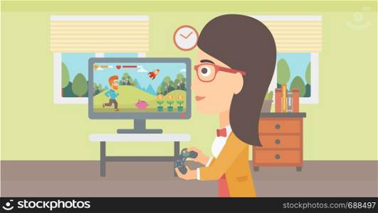 A woman playing video game with gamepad in hands in living room vector flat design illustration. Horizontal layout.. Woman playing video game.