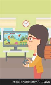 A woman playing video game with gamepad in hands in living room vector flat design illustration. Vertical layout.. Woman playing video game.