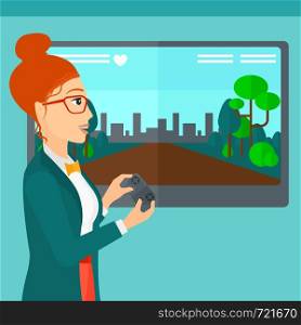 A woman playing video game with gamepad in hands vector flat design illustration. Square layout.. Woman playing video game.