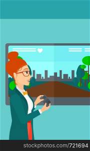 A woman playing video game with gamepad in hands vector flat design illustration. Vertical layout.. Woman playing video game.