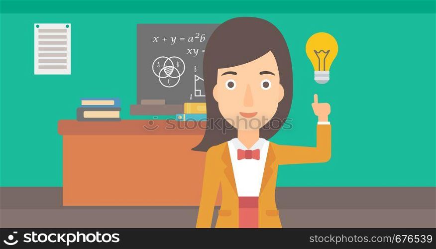 A woman pointing a finger at the light bulb on the background of classroom vector flat design illustration. Horizontal layout.. Woman pointing at light bulb.