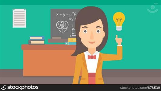 A woman pointing a finger at the light bulb on the background of classroom vector flat design illustration. Horizontal layout.. Woman pointing at light bulb.