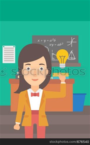 A woman pointing a finger at the light bulb on the background of classroom vector flat design illustration. Vertical layout.. Woman pointing at light bulb.