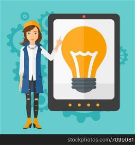 A woman pointing at a big tablet computer with a light bulb on a screen on a blue background with cogwheels vector flat design illustration. Square layout.. Woman pointing at tablet computer with light bulb on screen.
