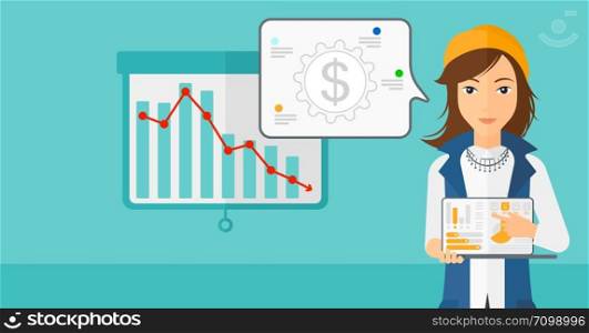 A woman pointing at the laptop with some charts on the background of projector roller screen with decreasing chart vector flat design illustration. Horizontal layout.. Woman presenting report.