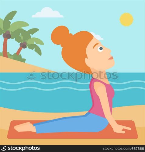 A woman practicing yoga upward dog pose on the beach vector flat design illustration. Square layout.. Woman practicing yoga.