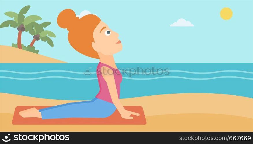 A woman practicing yoga upward dog pose on the beach vector flat design illustration. Horizontal layout.. Woman practicing yoga.